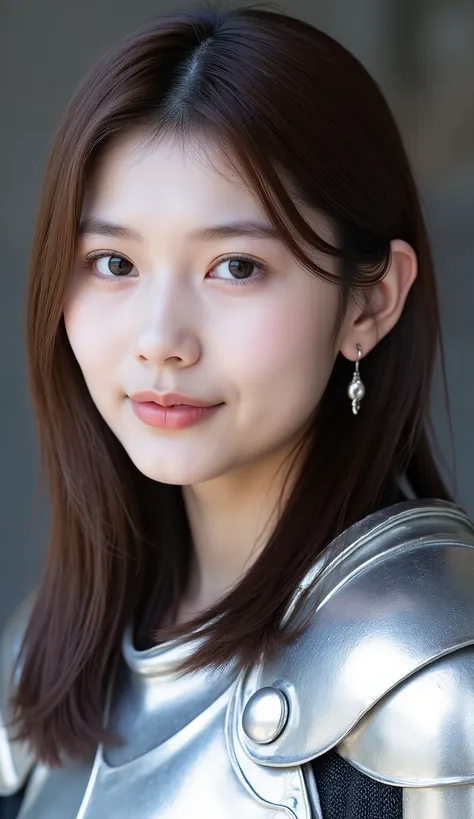 neat young woman wearing luxurious silver armor、、female knight、、漆黒の髪、、ear piercings、looking at camera、looking directly in front、、口を閉じている、への字口、、、face close-up、grey background、