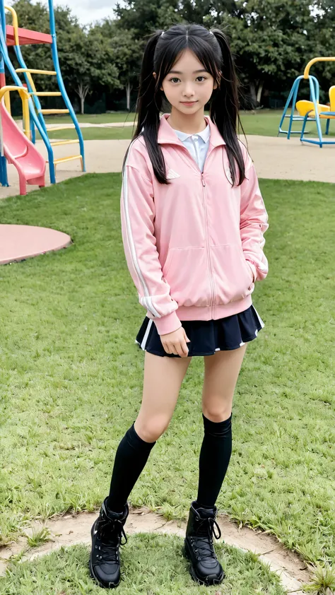 A young Japanese girl is standing on the playground grass、17 years old、pretty face、long black hair、Twin Tails、Stylish cute pink long sleeve clothes、jacket、miniskirt,black knee-high socks、sports boots、on the side、full body view