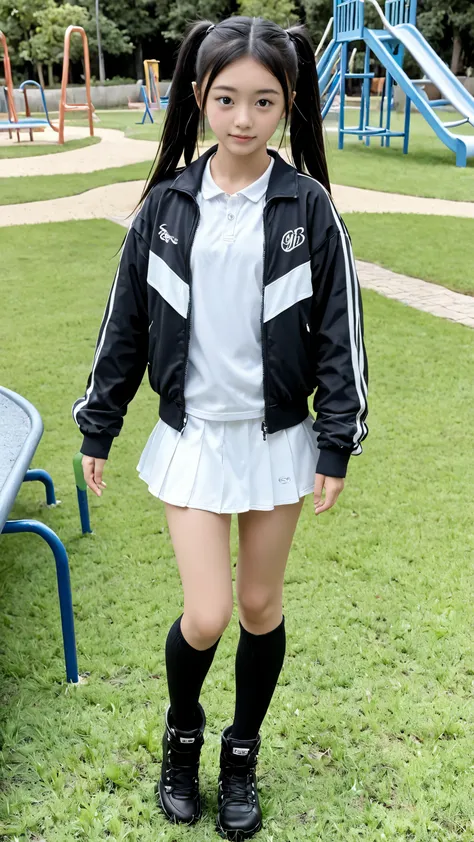 A young Japanese girl is standing on the playground grass、17 years old、pretty face、long black hair、Twin Tails、Stylish, cute, long-sleeved clothes、jacket、white mini skirt,black knee-high socks、sports boots、on the side、full body view
