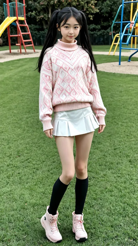 A young Japanese girl is standing on the lawn at the playground、17 years old、pretty face、long black hair、Twin Tails、Stylish, cute, long-sleeved clothes、Pink Patterned Sweater、white mini skirt,black knee-high socks、sports boots、on the side、full body view
