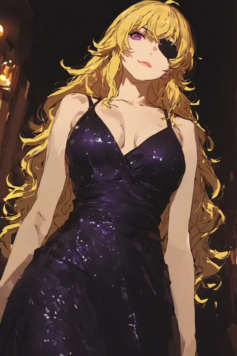illustration, yang xiao long, 1girl, solo, purple eyes, one eye patch, blonde hair, wavy hair, long hair, wearing black social dress, beautiful woman, medium breasts, nacklace, rebellious and alluring expression sharp and defined facial features,  moody ci...