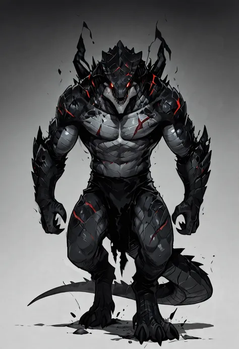 1male, solo, anthro, lizardfolk, anthro dragonic lizard, solo, portrait, scaly, detailed scales, experienced predator, monstrous anthro reptile, black scales, matte body, torso is well-defined and muscular, body robust and powerful, detailed scales, scars ...
