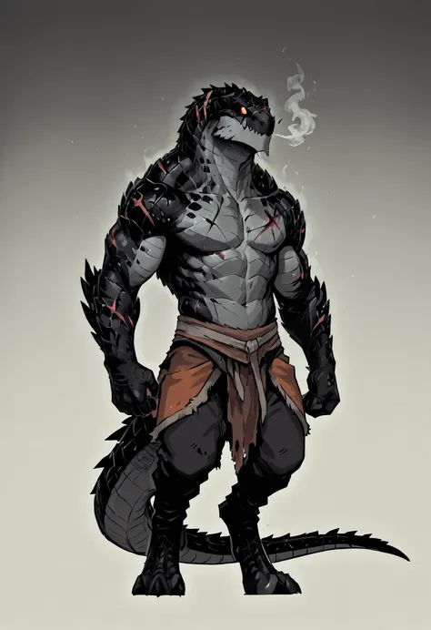 1male, solo, anthro, lizardfolk, anthro dragonic lizard, solo, portrait, scaly, detailed scales, experienced predator, monstrous anthro reptile, black scales, matte body, torso is well-defined and muscular, body robust and powerful, detailed scales, scars ...