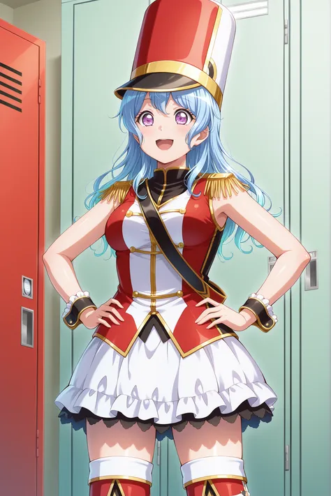 realistic ,cg, photorelistic ,solo, 1girl, Matsubara Kanon,long hair, hair between eyes,green hair band,purple eyes, blue hair, light blue hair, red costume ,kokorohhw, hhw white skirt, hhw shako cap, hhw band uniform, hhw wrist cuffs, hhw thigh boots, thr...
