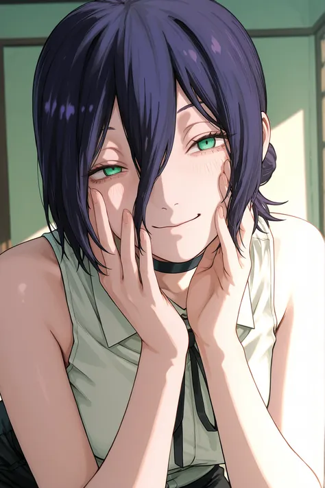 1girl, solo, reze \(chainsaw man\), reze, green eyes, hair between eyes, hair bun, choker, black ribbon, white sleeveless shirt, closeup, masterpiece, high quality, both hands gently resting against her cheeks, palms supporting the face, fingers relaxed an...