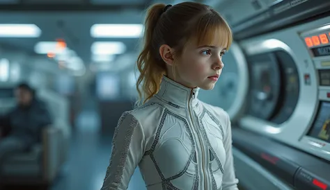 ainno,High-quality full-length photo of a ten-year-old girl, in the image of a space fleet engineer, in a tight-fitting, thin and elastic, smaller than the equipment needs, car made of super-thin high-tech material with transparent inserts all over the gir...