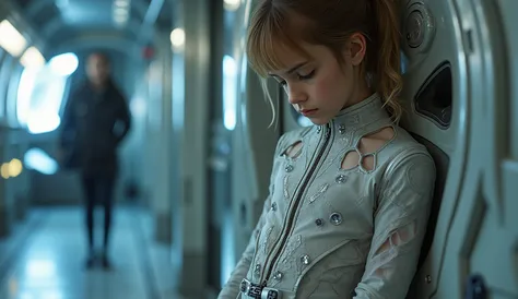 ainno,High-quality full-length photo of a ten-year-old girl, in the image of a space fleet engineer, in a tight-fitting, thin and elastic, smaller than the equipment needs, car made of super-thin high-tech material with transparent inserts all over the gir...