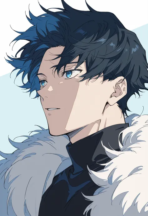 1male, blue eyes, black hair, fluffy hair, blue background, black tshirt turtleneck, white background, facing camera
