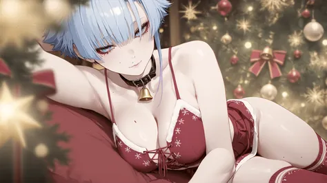 a cyberpunk catfolk woman wears christmas laced top and skirt, collar, high socks. sensual. svelte. perfect anatomy. christmas atmosphere. Well-proportioned. Intricate. christmas decorations in background. 8k resolution. Ultra detailed. Precision details. ...