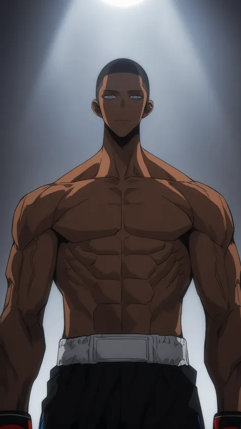 Aaron tide (the boxer),cinematic portrait of score_9, score_8_up, score_7_up,
  boxy, looking at viewer, from the front, low angle view, broad shoulder, topless male, closed mouth, boxing gloves. 85mm lens, f/1.8, dramatic side lighting, moody atmosphere, ...