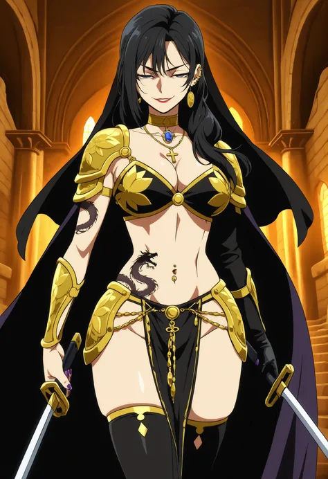 LuniaArden, long hair, black hair, dark blue eyes,,  nail polish, ear piercing, long hair, , lipstick, Hot girl, baddie,, sensual, attractive ,choker , cross necklace, jewelry, earrings,castle,inside castle, masterpiece, best quality, highly detailed ,gold...