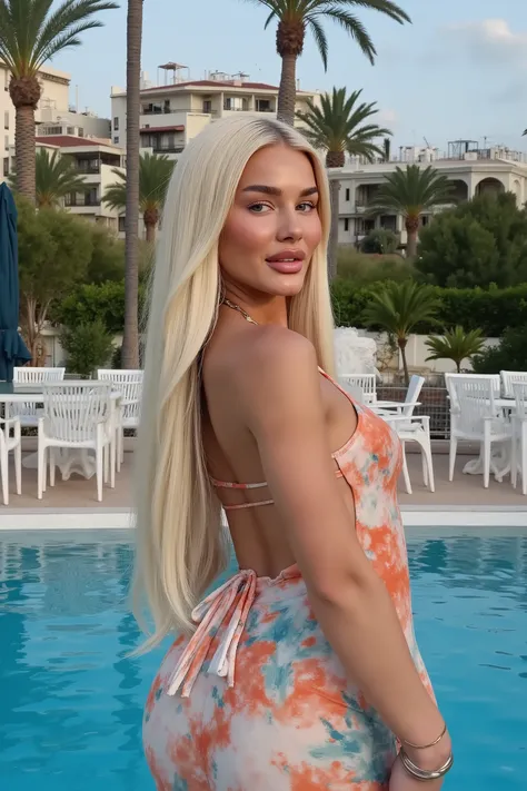 21 year old woman with very long white straight hair posing in front of a swimming pool photo is taken with strong camera flash she has perfect skinny hips, golden hour, photo is very very detailed and sharp her hair is completely straight, the photo is ve...