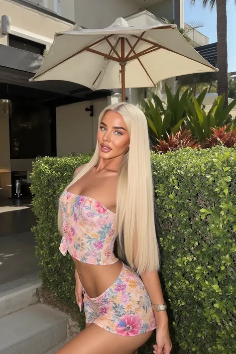 21 year old woman with very long white straight hair posing in front of modern villa photo is taken with strong camera flash she has perfect skinny hips, golden hour, photo is very very detailed and sharp her hair is completely straight, the photo is very ...