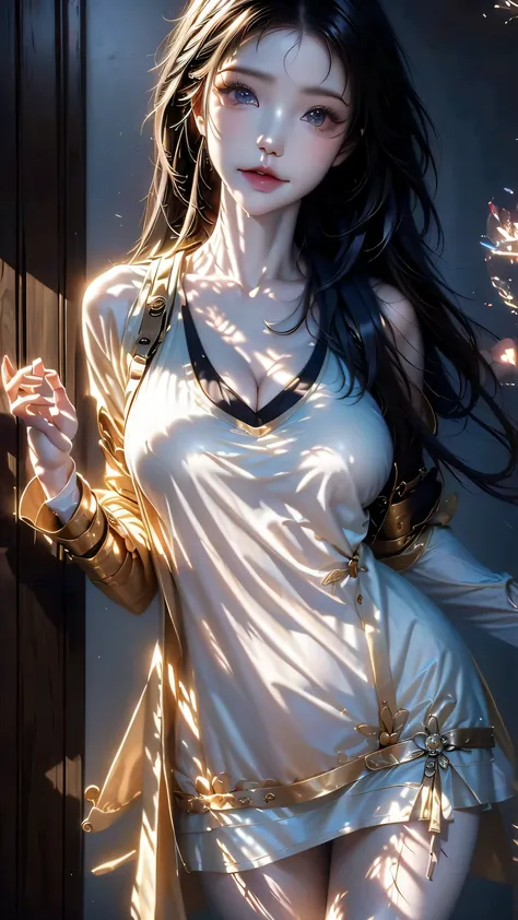 masterpiece, best quality, ultra detailed, illustration, hotel corridor, 1girl, Standing confidently in front of the door and smiling slightly, Feeling of waiting for the other person in the eyes(You're the one who called me), One hand in a pocket, Natural...