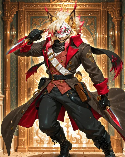 L0LSPL4SH,4g1typ3,,best quality,furry, anthro, 1boy, solo, male focus,lynx, yellow fur, red eyes,Messy blond hair with light red to pinkish-red gradient tips, medium-length layered hair with high volume, fluffy and slightly messy, soft wavy strands, thick ...