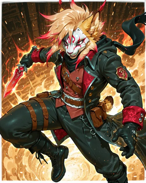 L0LSPL4SH,4g1typ3,,best quality,furry, anthro, 1boy, solo, male focus,lynx, yellow fur, red eyes,Messy blond hair with light red to pinkish-red gradient tips, medium-length layered hair with high volume, fluffy and slightly messy, soft wavy strands, thick ...