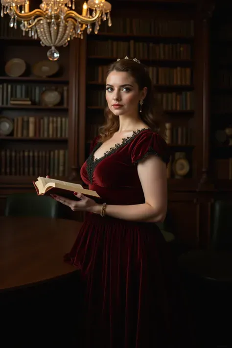 An elegant lady in a velvet dress stands in a retro library，Holding an ancient book in her hand，The luster of the golden book pages intersects with the crystal chandelier，The dark wooden bookshelf creates a warm atmosphere，, the soft focus effect highlight...