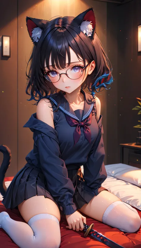 XUER guangying,score_9,score_8_above,score_7_above,score_6_above,score_5_above,score_4_above, XUER guangying,1girl,Alone,long hair,looking at the spectator,A girl with cat ears is stretched out on a luxurious bed, with an oversized sweater that falls off h...