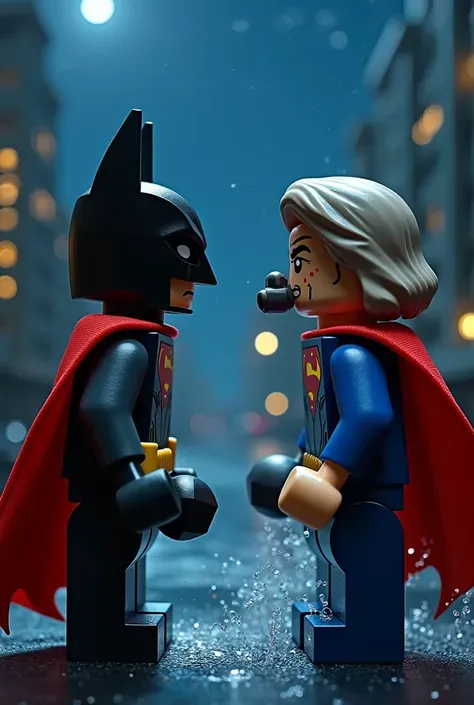 Superman and Batman in lego art, night