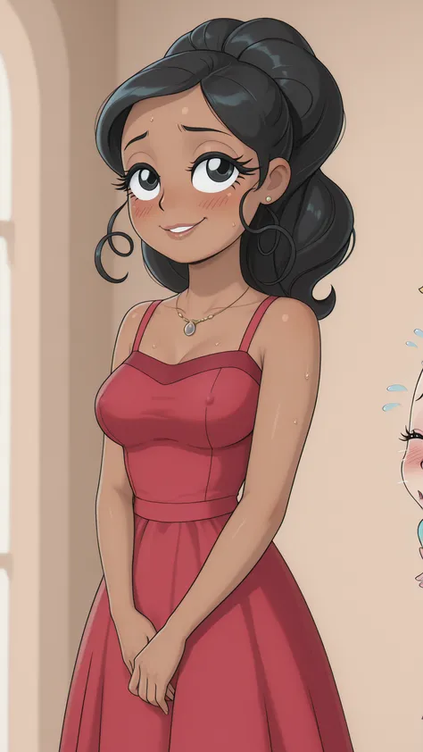 ultra-high resolution, 8k wallpaper, masterfully executed, mature woman with velvety dark skin of a flawless tone, luxurious long black hair with perfect shine elegantly frames an adult face, deep black eyes with long eyelashes radiate refined passion, an ...