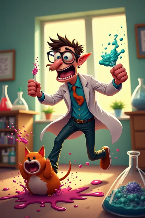 A mad scientist with humorous elements is chasing a mutated little animal in the lab，exaggerated movements with colorful reagent splashes，Strong comic style，The room background is bright and warm，full of creativity and fun。