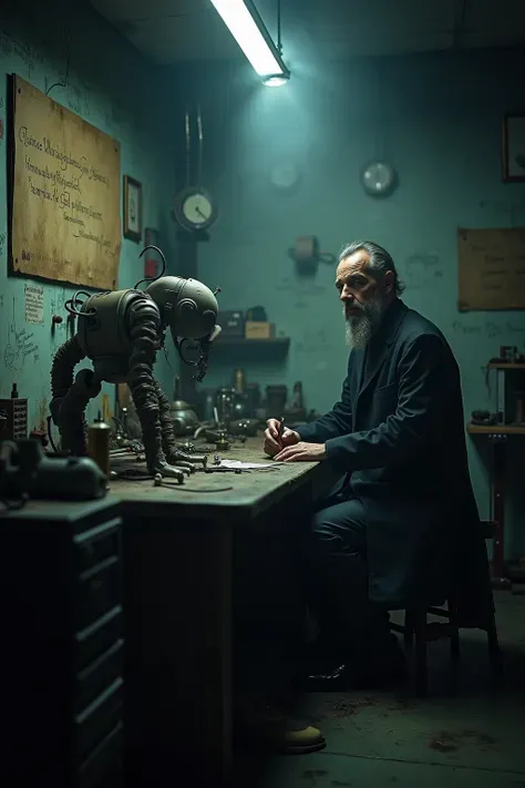dark-style scientists sitting under the dim light，The face is full of fanatical expressions，holding strange mechanical devices。and the dilapidated test bench is filled with strange parts and semi-finished robots，The wall is covered with formulas and hand-d...