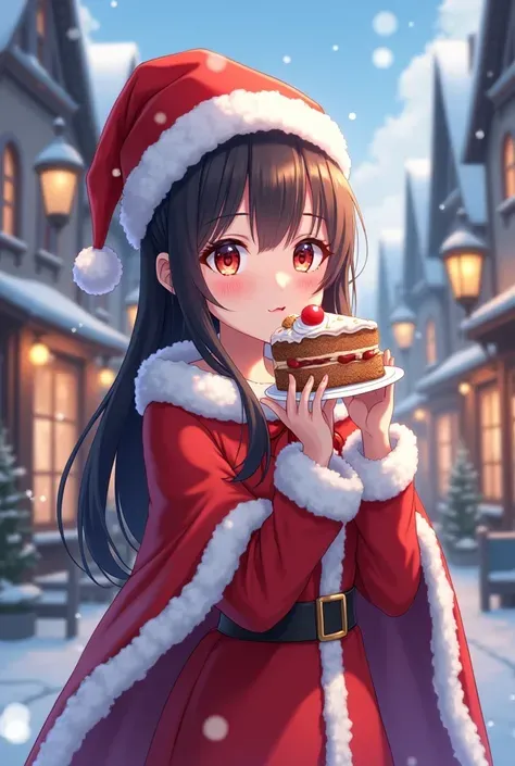 the anime；Christmas witch；santa claus costume；Snowy streets；eats Christmas cake；4k；High quality