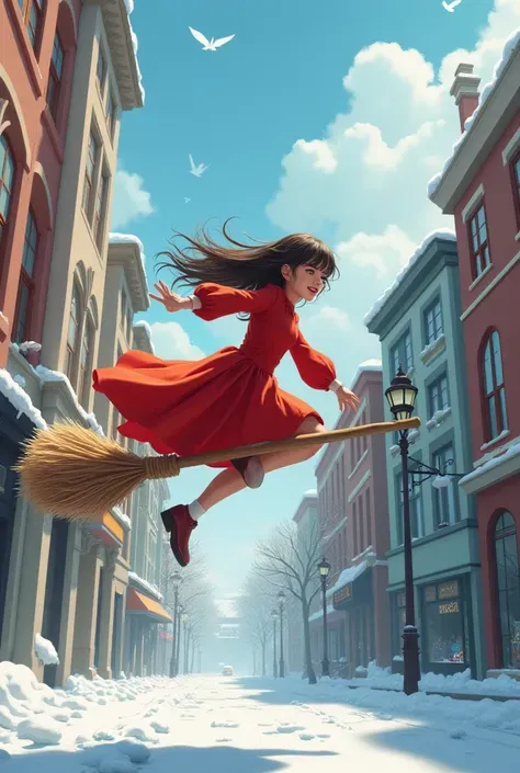 quadratic element；Genki girl；Classic red dress；snowy streets；riding on a broom；4k；High quality
