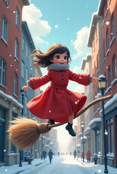 quadratic element；Genki girl；Classic red dress；snowy streets；riding on a broom；4k；High quality
