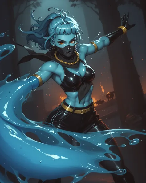 Frau sieht aus wie ein Mix aus Elena und Cammy from Street Fighter. Cute slimegirl. Shiny black (latex) Haut. Transparenter Schleim-Körper. Sie hat eine waagerechte Narbe über der Nase. Ihr schleimiger Körper ist athletisch, mit Muskeln und Bauchmuskeln. B...
