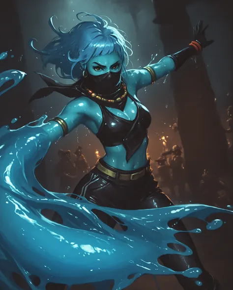 Frau sieht aus wie ein Mix aus Elena und Cammy from Street Fighter. Cute slimegirl. Shiny black (latex) Haut. Transparenter Schleim-Körper. Sie hat eine waagerechte Narbe über der Nase. Ihr schleimiger Körper ist athletisch, mit Muskeln und Bauchmuskeln. B...