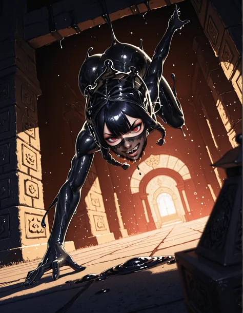 The slimegirl looks like a mix of Elena and Yuri Han from Street Fighter 6. Cute symbiote slimegirl. Black tar skin. Black tar face. The body is transparent. Sie hat keine Nase. She has many pointed teeth. your body is athletic, with muscles and abs. B-Cup...