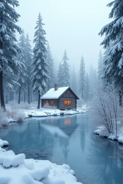 Scenery；Snowy Log Cabin；Frozen lake；Early Morning Blues；wide wide shot；4k；High quality
