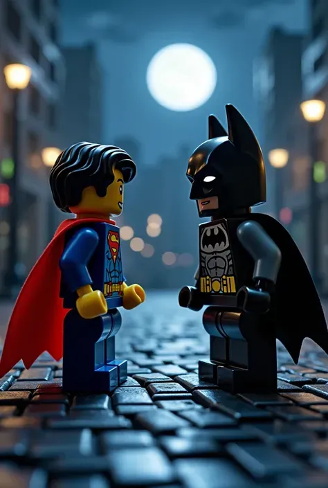 Lego art version of Superman and Batman，Night scene