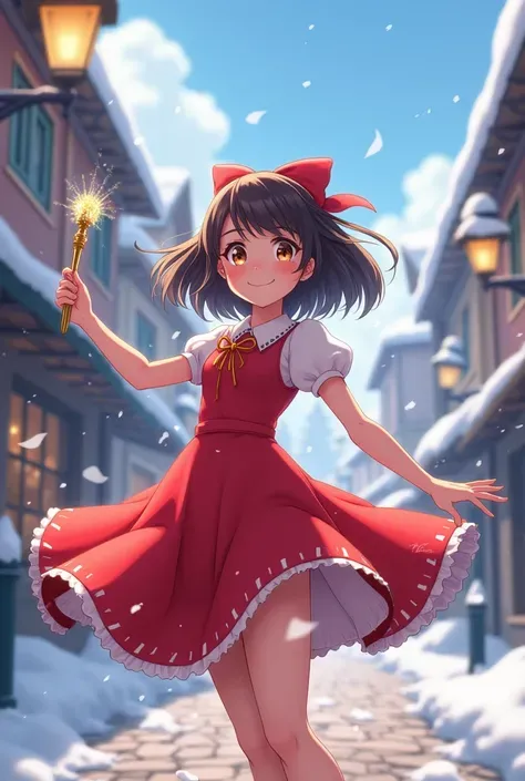 Anime；Energetic Girl；Classic Red Dress；Snowy Street；Holding a Fairy Wand；4k；高质量
