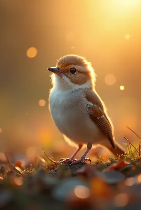 一张迷人的近距离写真，展现了一只美丽的小鸟，在宁静的早晨被柔和的金色光线照亮，散景球轻柔地框住了它娇小的身躯