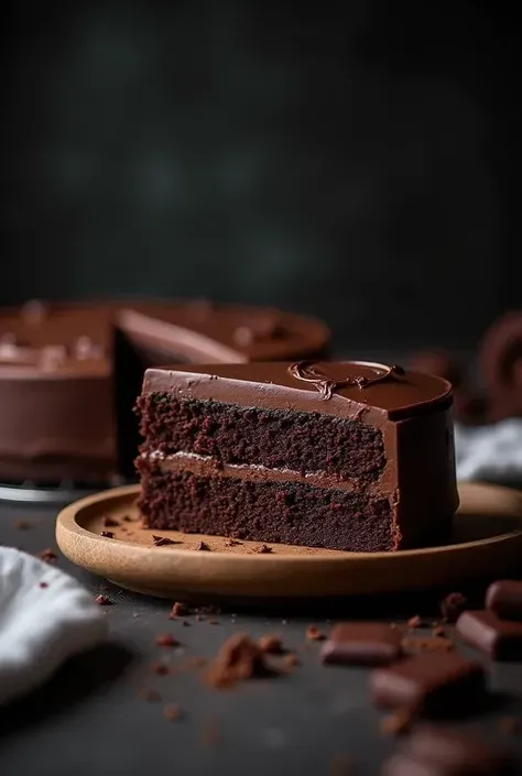 cinematic still-frame chocolate，chocolate cake，deep dark background，High Quality Photos，Moist Textures，Icing，studio photo，slice，Shallow depth of field，Vignette，Very meticulous，High budget，Bokeh，Movie Widescreen，gloomily，Epic，opulent，cinematic grain，grain s...