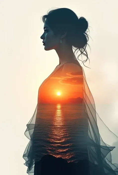 High quality，8K Ultra HD，美丽的Doubleexposure，combines the silhouette of the goddess with the sunset coast，The sunset coast should be used as the bottom background，details are incorporated into the goddess's silhouette，Clear lines，The background is monochroma...