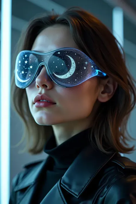 The model is wearing glass sunglasses with stars and the moon on the glass