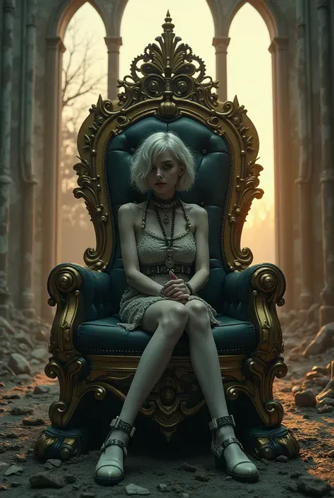 a mechanical girl sitting on a throne in ruins，gears and steampunk elements surround，The light at dusk passes through the broken glass，Fine mechanical details，A melancholy and majestic expression，ESTILO RETROFUTURISMO