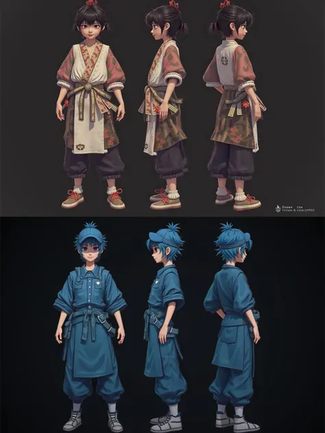 Belirtilen kostümdeki karakterin üç görünümü | Karakterlerin üç görünümü