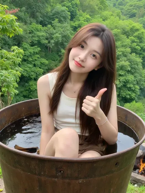 Wanita cantik direbus dalam panci besi