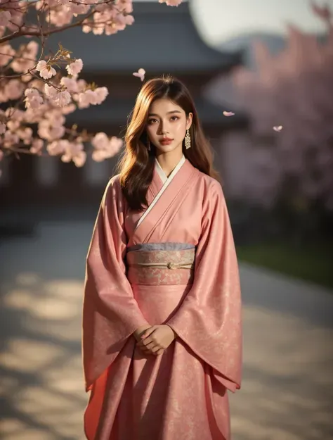 Goditi i fiori di ciliegio con il kimono