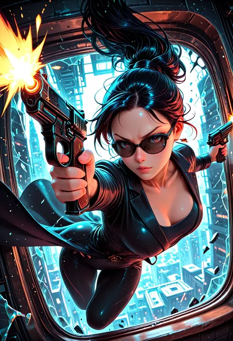 A vibrant and dynamic scene featuring an animated female character 1
