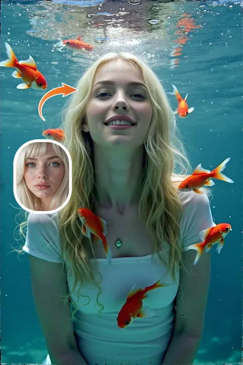 물 속에서 금붕어와 함께 포즈를 취하는 소녀 🌊