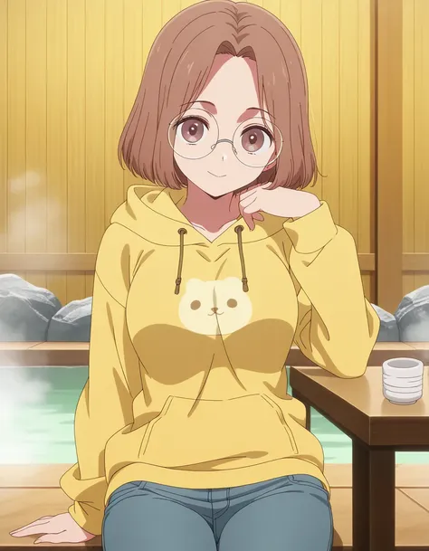 yoriko kichijouji, short hair, brown hair, brown eyes, glasses, parted bangs, forehead, round eyewea Anime s2