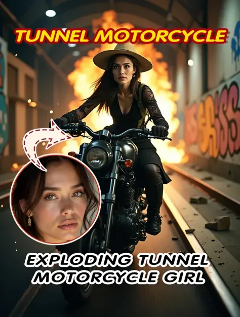 Motorcycle girl in the exploded tunnel