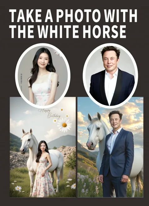 흰 말과 함께 사진을 찍으세요