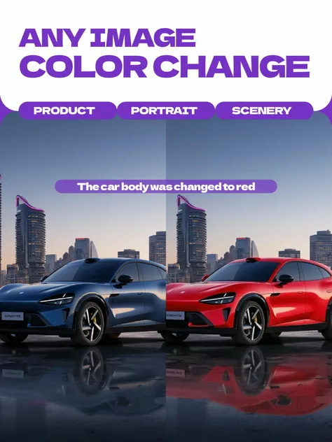 Upload any portrait or product image and tell it to change the color, such as "Change the dress to red".