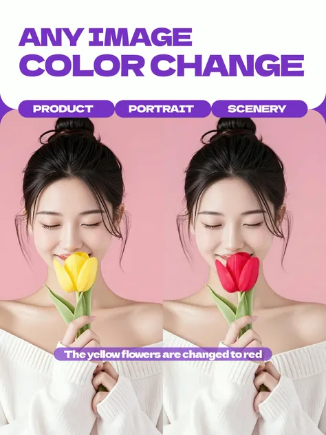 Upload any portrait or product image and tell it to change the color, such as "Change the dress to red".